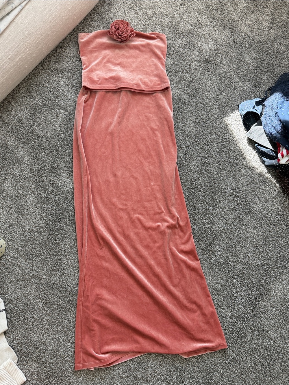 Strapless Rose Pink Velvet Maxi Dress with Flower Accent